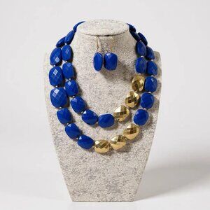 Royal Blue And Gold Faceted Lucite Bead Long Necklace Earring Set